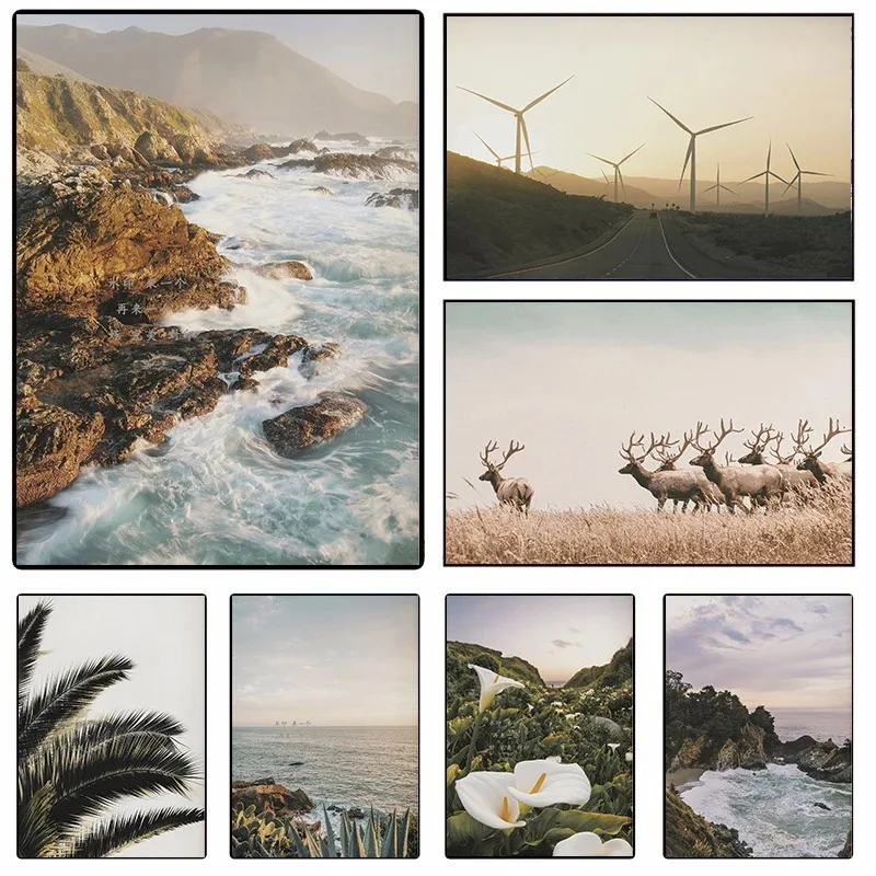 Bixby Bridge Alcatraz Island Bull Elk Windmills California Landscape Minimalist Wall Art Canvas Painting Posters for Home Dec