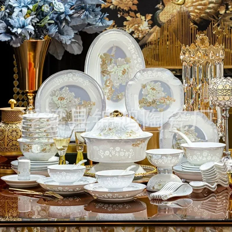 DSA Jingdezhen high temperature white porcelain bowls, plates, ceramic tableware whole set light luxury  household housewarming