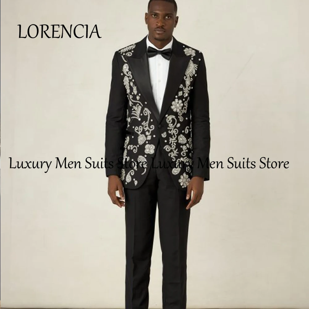 Loose Crystal Suits for Men 2 Pieces Peak Label Sparkly Wedding Groom Tuxedos Customized Blazer Pants ternos masculino completo