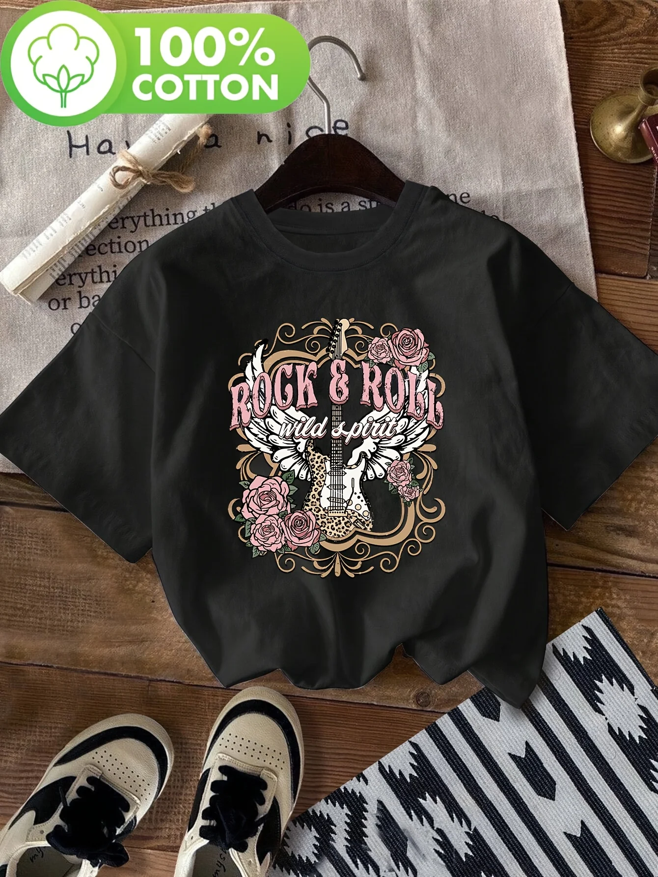 Vintage Rock N Roll Wild Spirit Lets Rock Guitar Floral. تي شيرت مطبوع، قميص كاجوال بأكمام قصيرة ورقبة دائرية للصيف والربيع، #3