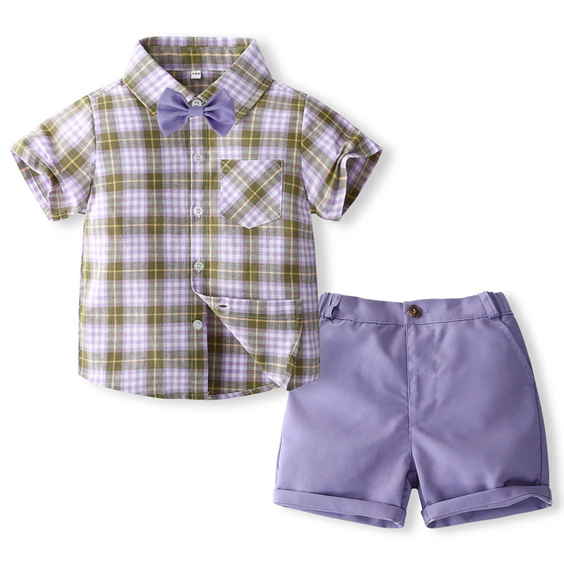 

3Piece Set Summer Kids Clothes Boy Gentleman Fashion Plaid Short Sleeve Baby Tops+Shorts+Tie Children Boutique Clothing BC2456-1