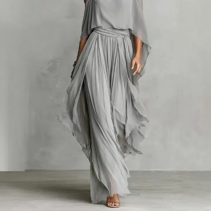 2026Solid Color Chiffon Two Piece Set Women Casual Off Shoulder Top & Long wide leg pants Set Ladies Elegant Party Suits Outfits
