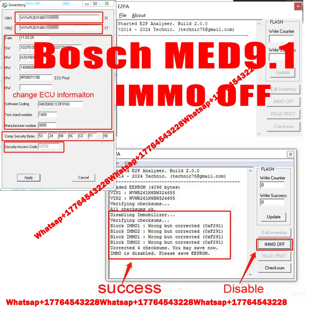 

Bosch MED9.1 ECU IMMO OFF Disable Software ECU Data File Disable Modification EEPROM/FLASH tool for Engine Management Units