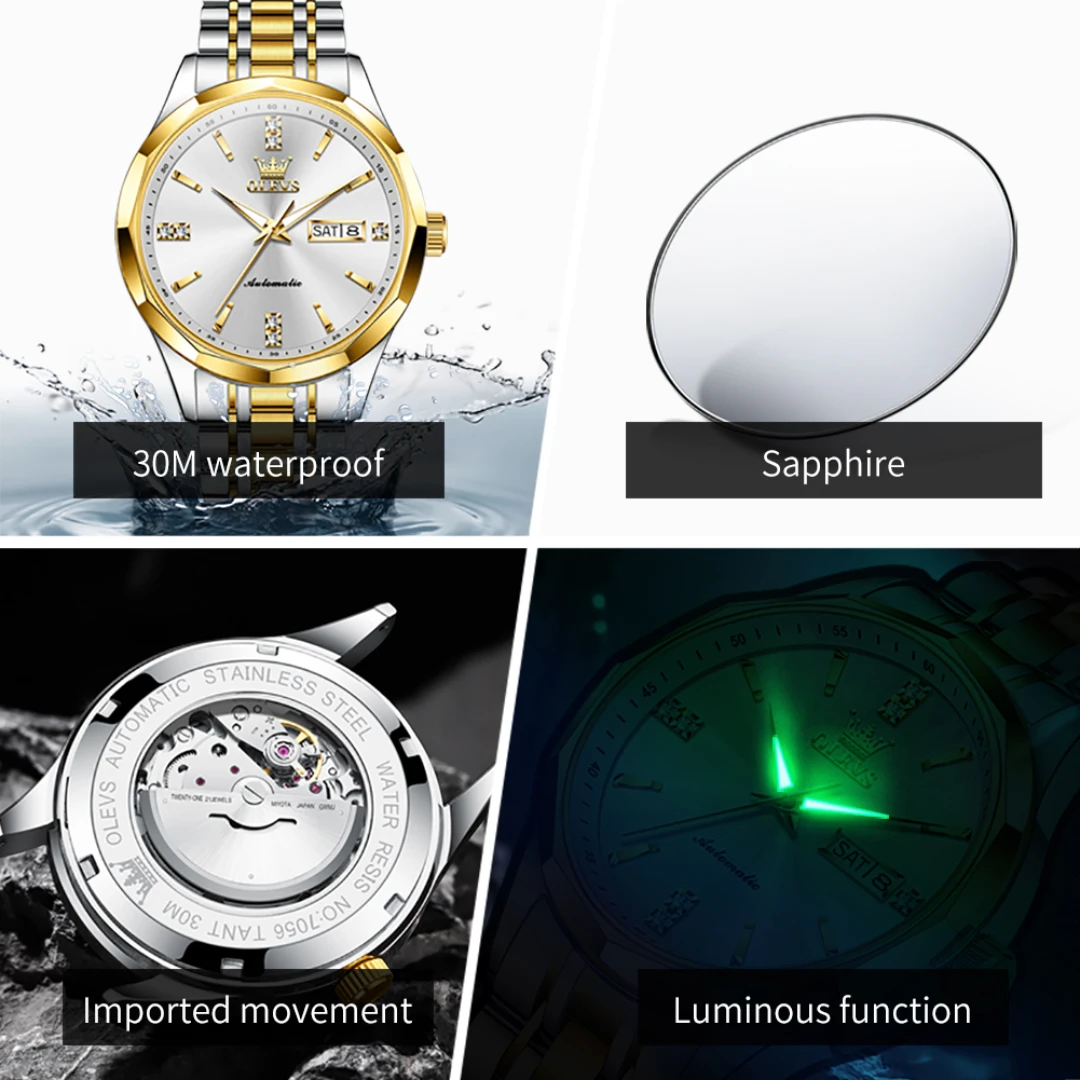 OLEVS 7056 기계식 패션 시계 선물 스테인레스 스틸 시계 밴드 라운드 다이얼 손목 시계 주 표시 달력 빛나는