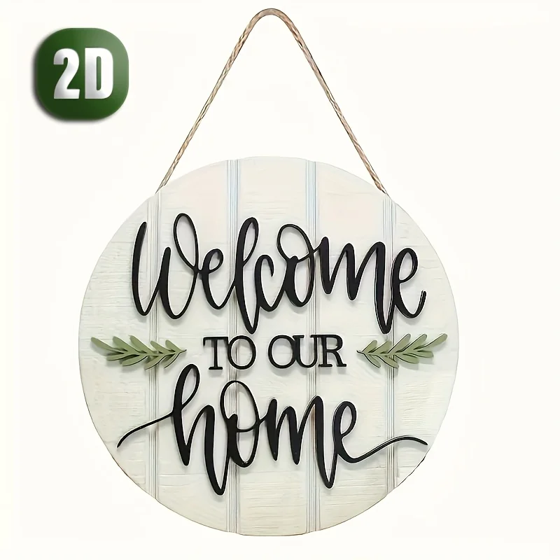 [1pc Rustic Wooden Sign] Rustic Wooden 1pc Welcome Sign | Round Wall Decor with Green Leaf Accents for Front Door, Porch, Living