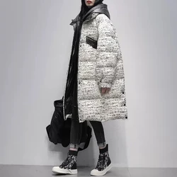 2023 Women Winter New Fashion White Duck Down Jacket Female Long Print Hooded Outerwear Ladies Loose Thicken Warm Coats