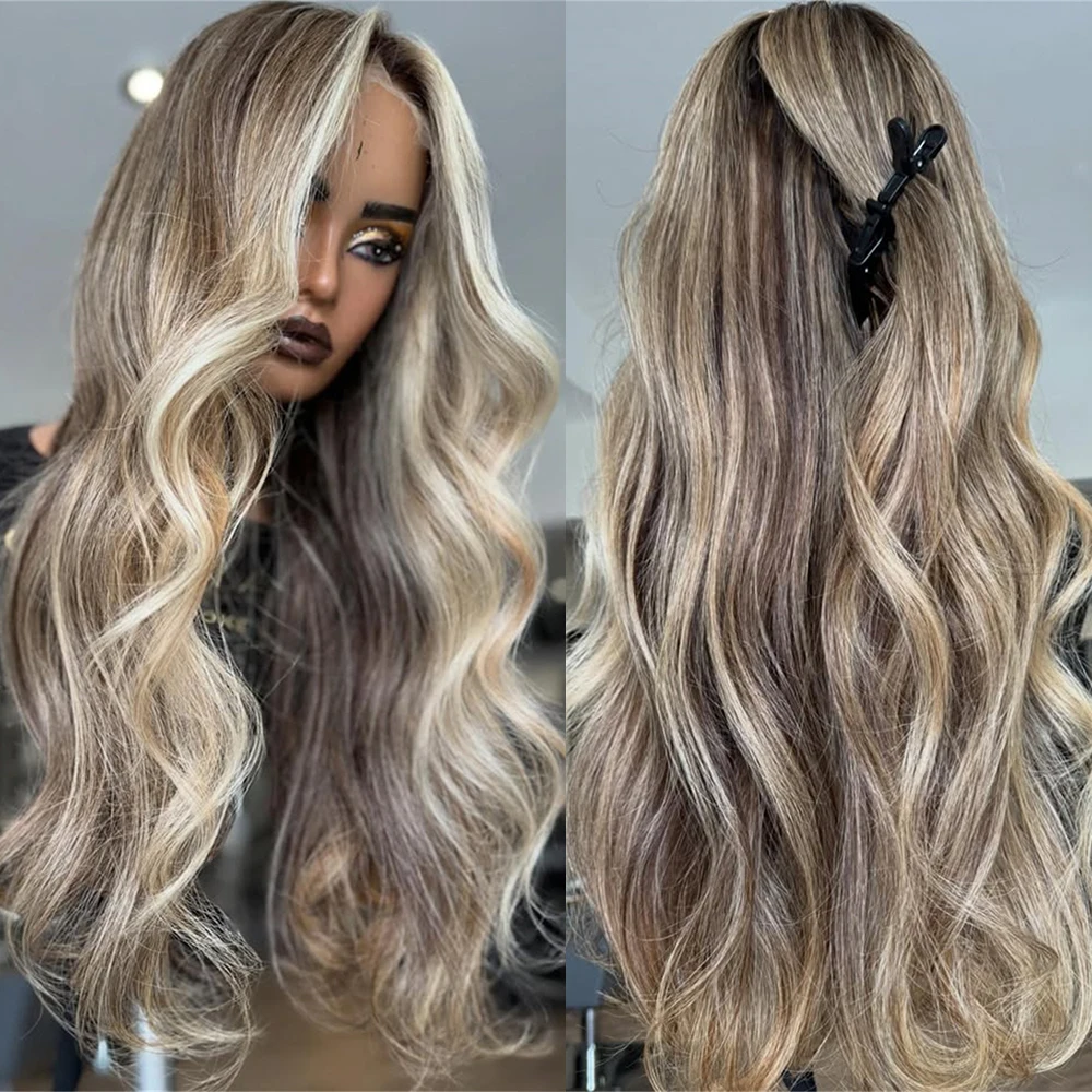 Ombre Brown Blonde 28 Inch Lace Front Wig with Dark Roots Balayage Fibre 13x4 Body Wave Pre-plucked Synthetic Hair Wig for Women