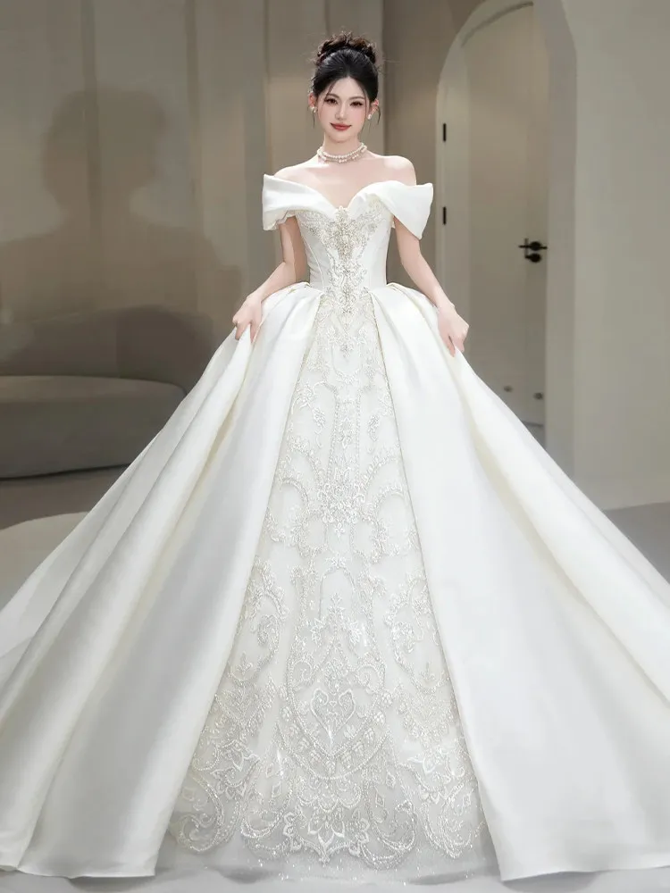 off-Shoulder Satin Primary Wedding Dress Bride 2026 New French Heavy Industry Advanced Texture Pregnant Women Light Luxury Tail