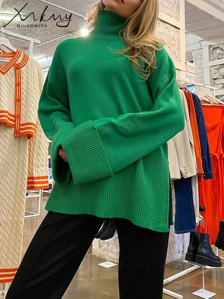 MiuKoMiYa-suéteres de cuello alto para mujer, jerséis grandes de punto, color verde, invierno, 2022