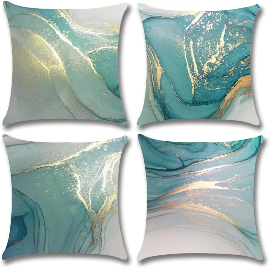 Turquoise Throw Pillow Covers , Greenish Blue Linen Patio Square Cushion Covers for Couch Sofa Home Decoration