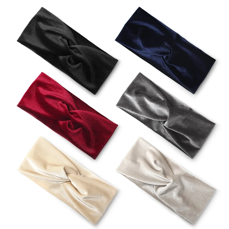 Women Solid Color Velvet Cross Stretch Fabric Headband Female Fashion Elastic Knot Cross Wide Edge Headband Hair Accessories