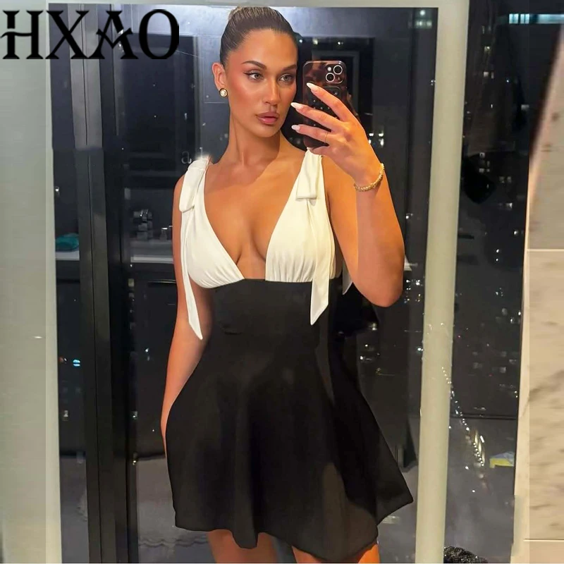 HXAO Schmetterlingsknoten Damenkleider Sommer ärmellose Partykleider V-Ausschnitt Korsett Schwarz Weiß Kurzes Kleid Rückenfreies Sexy Kleid