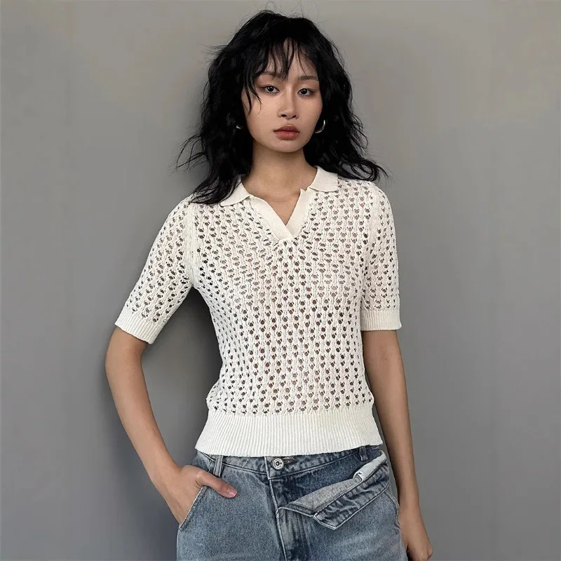 2025 Women's Polo Shirt Lightweight Hollow Out Linen Cotton Short Sleeve Knitwear With Elegant Collar Ideal For Commuting