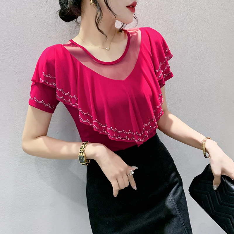 Czarny letni koreański styl T-Shirt Chic Patchwork Ruffles Shiny Diamonds Topy damskie Sexy Back Koszulki z krótkim rękawem 2025 Nowość 43196