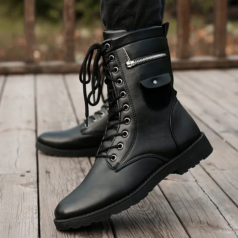 Męskie buty motocyklowe ze skóry PU męskie buty do jazdy konnej myśliwskiej jesienno-zimowa markowa wysokie buty markowa w połowie buty ze skórki cielęcej