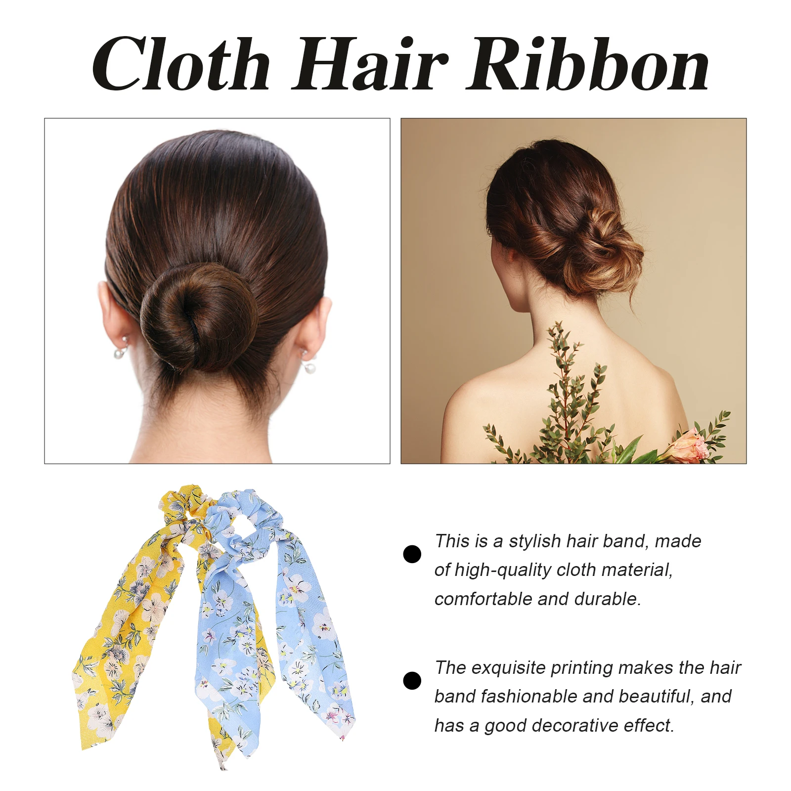 

2 pcs Cloth Ribbon Printed Accessories for Women Long Elastic Scrunchies Lightweight Durable Bands Stylish Hair Ties Daily Wear