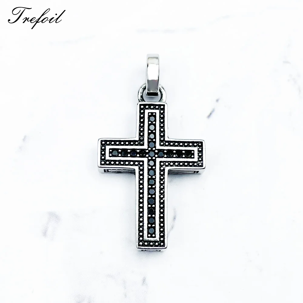 Pendant Black Cross 925 Sterling Silver With Zircon Stones Fine Jewerly Accessories Fit Neckla Rebel Street Gift For Men Woman