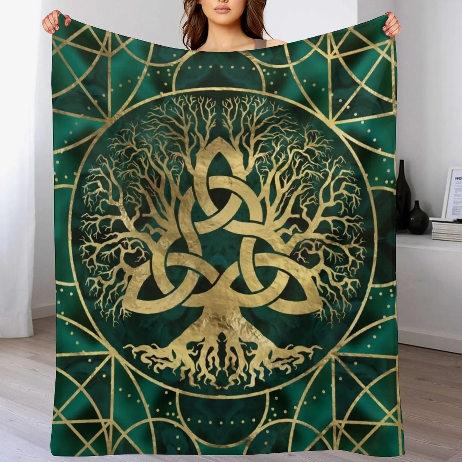 

Tree of life with Triquetra Malachite and Gold Throw Blanket Plush for winter halloween blankets and throws Blankets