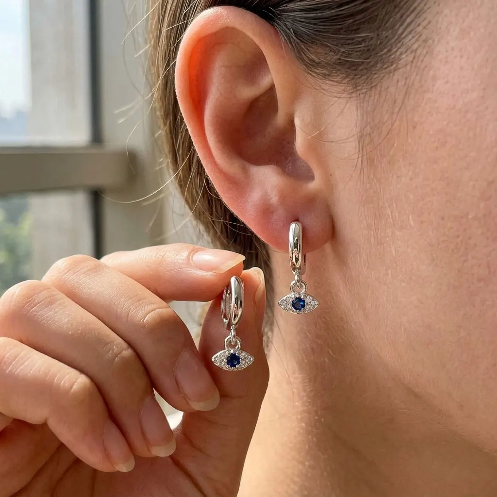 Evil Eye Blue CZ Dangle Huggie Hoop Earrings Sterling Silver Plated Women Hypoallergenic Dainty Trendy Waterproof Lucky Gift