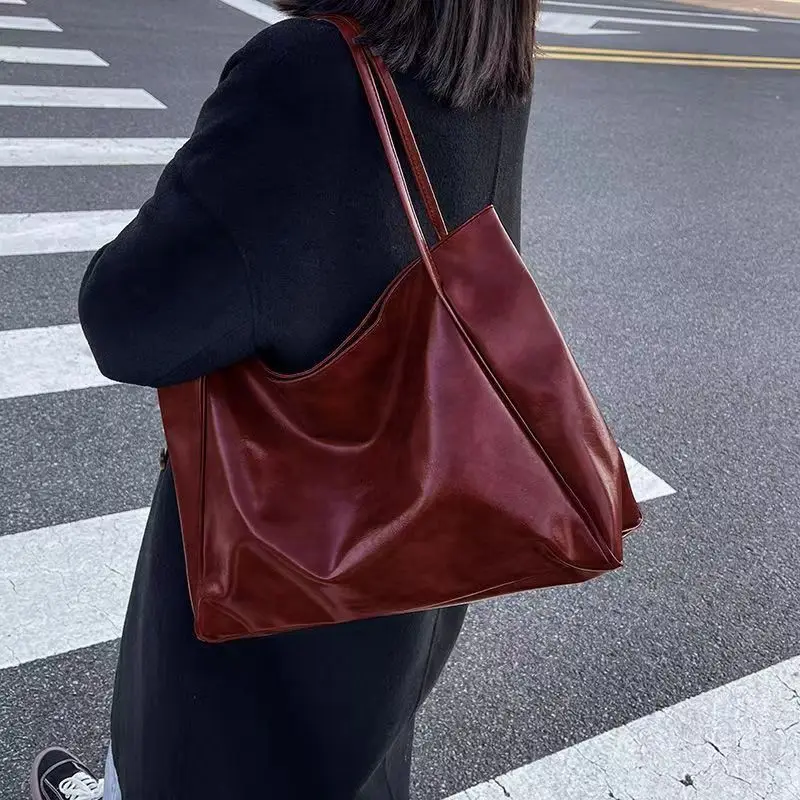 2023 Casual PU Leather Large Capacity Tote Bags for Women Fashion Solid Retro Color Zipper Female Shoulder Bag Ladies Handbag