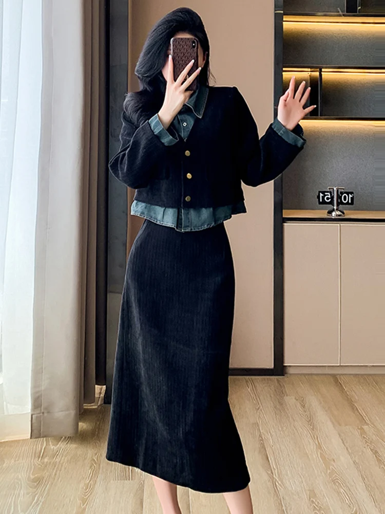 

Корейский стильный джинсовый комплект с юбкой и лоскутным узором для женщин: осенне-зимняя новинка, модный комплект с длинным рукавом, высокой талией и свободным кроем