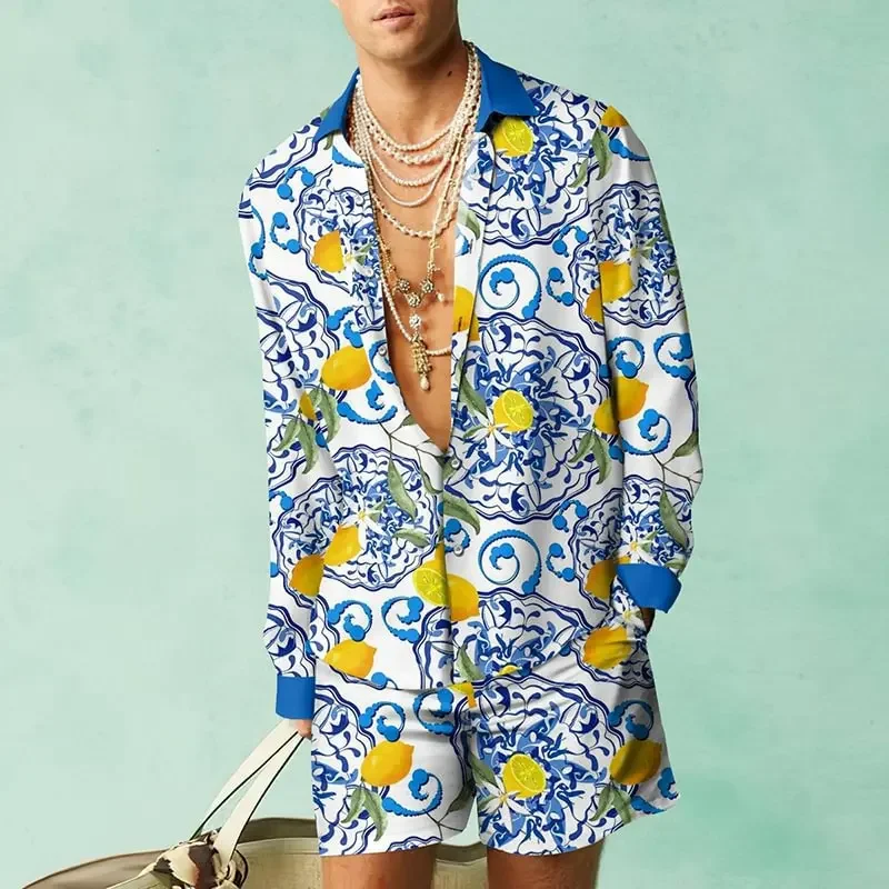 2023 Summer Hawaiian 3D Print Men Suit Long Sleeve Lapel Shirts and Shorts Two Piece Set Man Casual Loose Beach Outfits Clothes