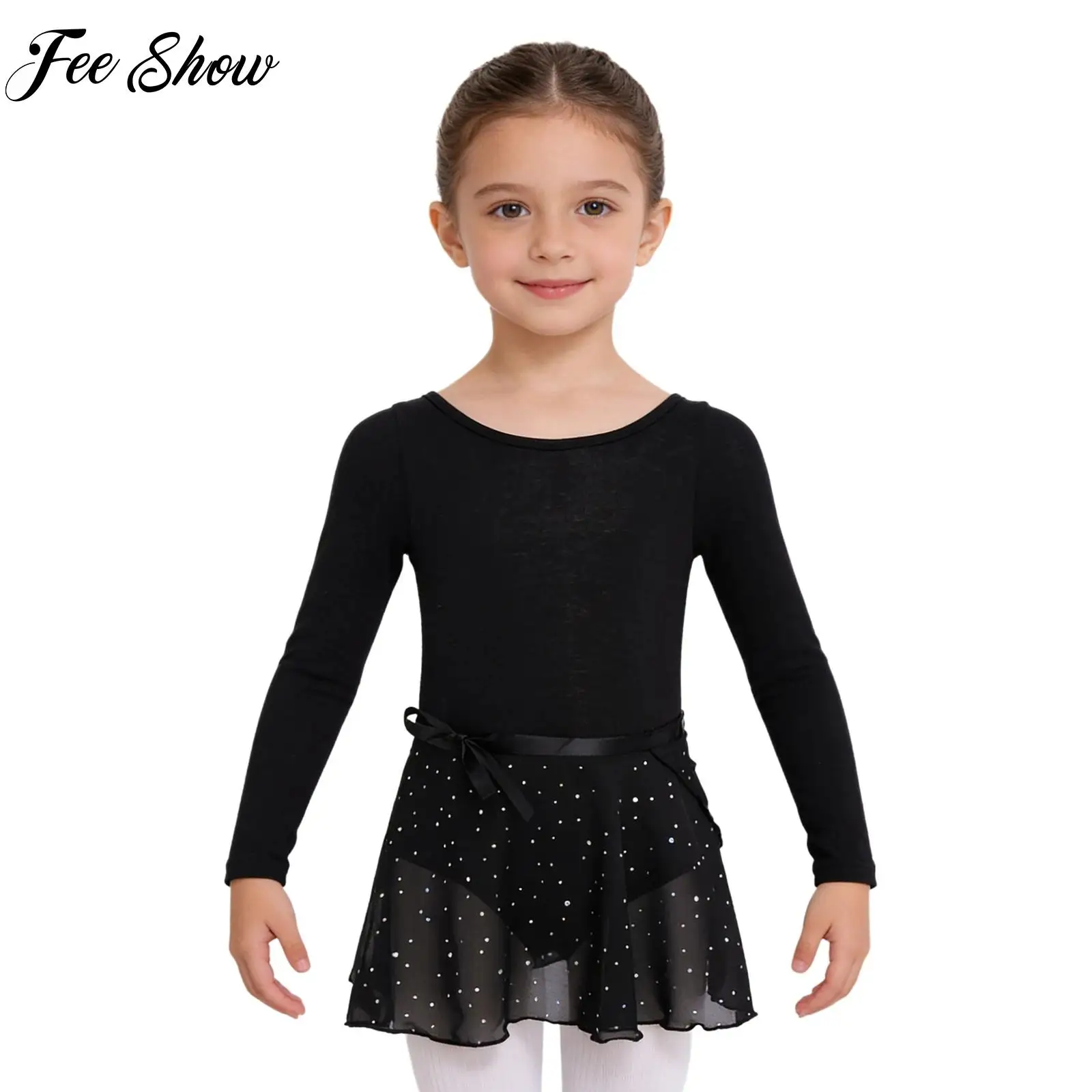 

Kids Girls Ballet Dance Gymnastics Outfit Crisscross Back Long Sleeves Leotard+Sequins Skirt Set for Performance Competition