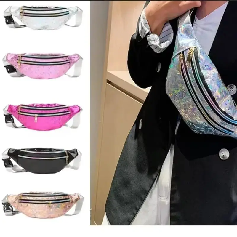 New Holographic Fanny Pack Hologram Waist Bag Laser PU Beach Travel Banana Hip Bum Zip Women Purse Belt Bags Girl Chest Bags