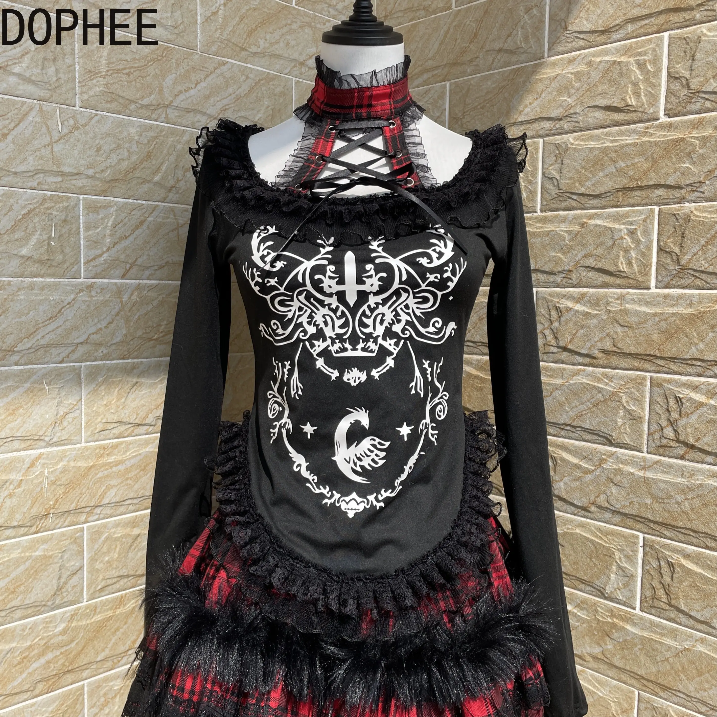 Original Hot Chick Vintage Subcultural Gothic Printed Long Sleeve T-shirt Irregular Mesh Ruffles High Collar Slim Black Top Tees