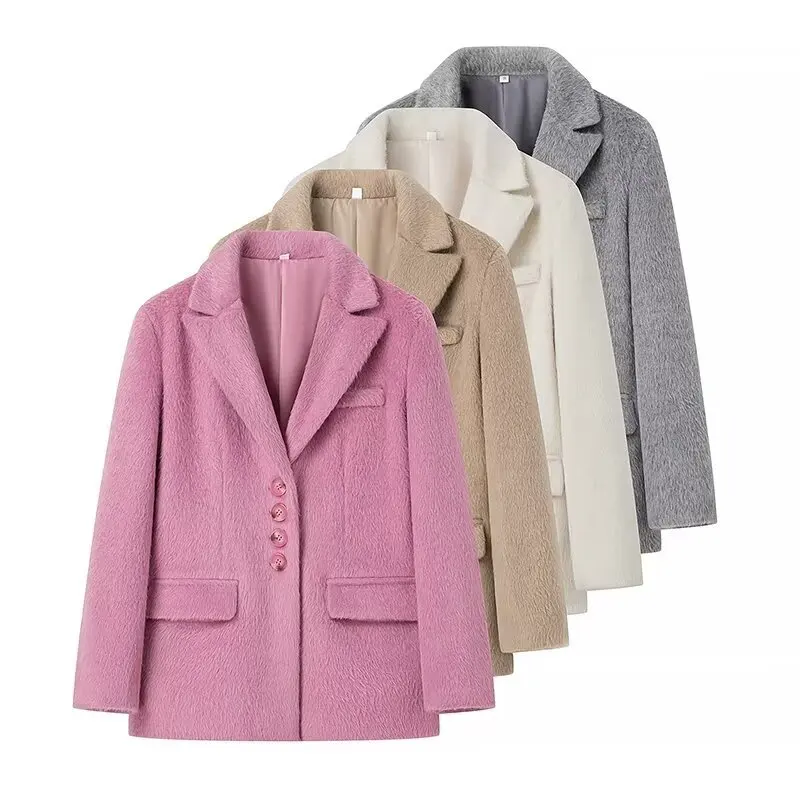 Women Fashion Pink Lapel Long Sleeves Blazer Jacket Warm Thick Single Breasted Loose Outwear Office Lady Commute Streetwear