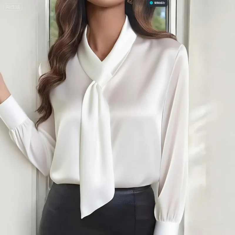 Chemise élégante pour femme, idéale pour l'automne, col en V, détails de nœud, couleur unie, pour le bureau.