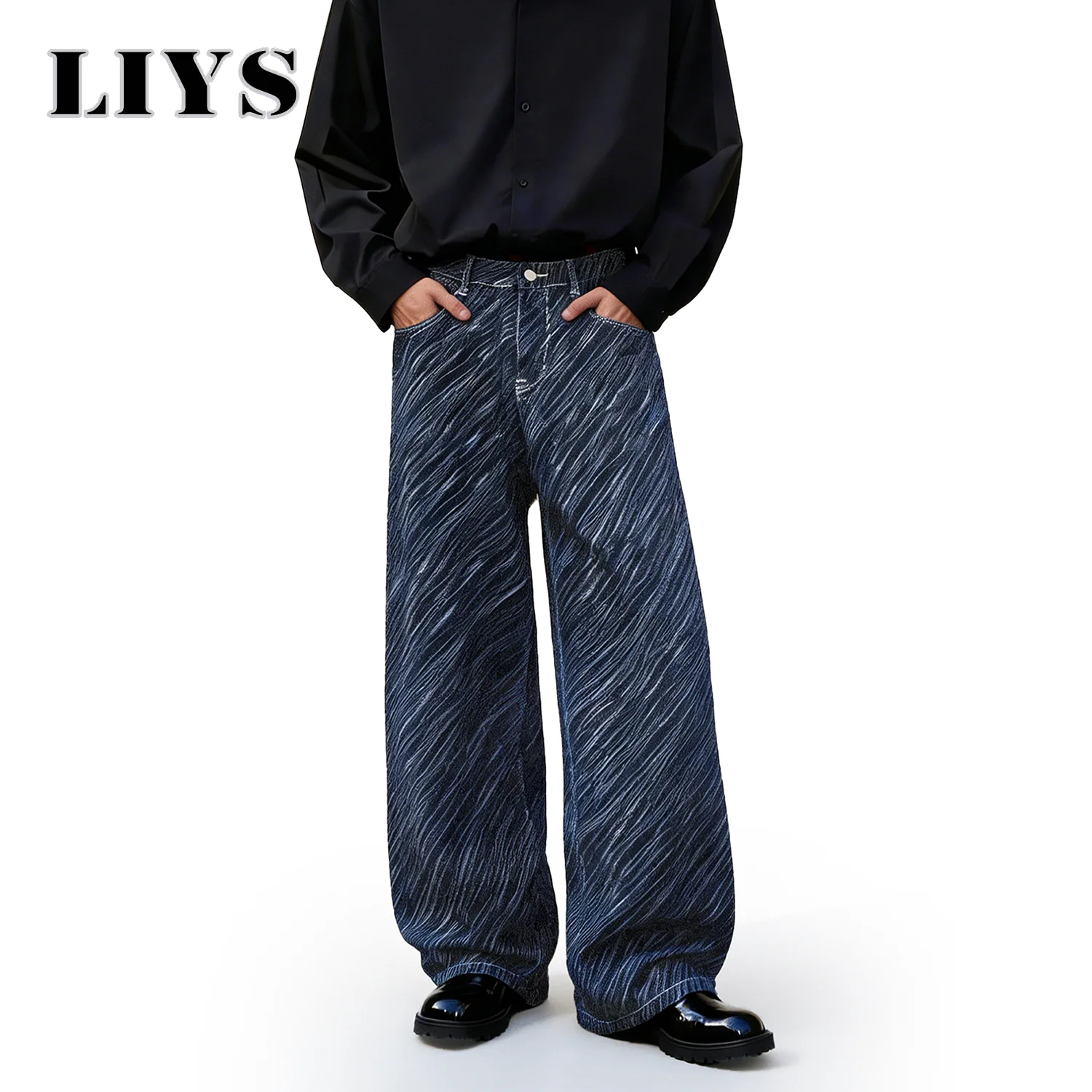 LIYS Japanese-Korean Style Wave Stripe Jacquard Baggy Straight Leg Men's Jeans American Retro Casual Straight Leg Denim Pants