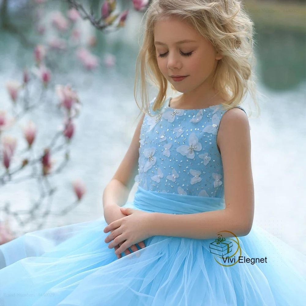 Sky Blue Flower Girl Dresses Beading Butterfly Wedding Party Gowns for Kid Birthday Dress 2023 Summer فساتين اطفال للعيد