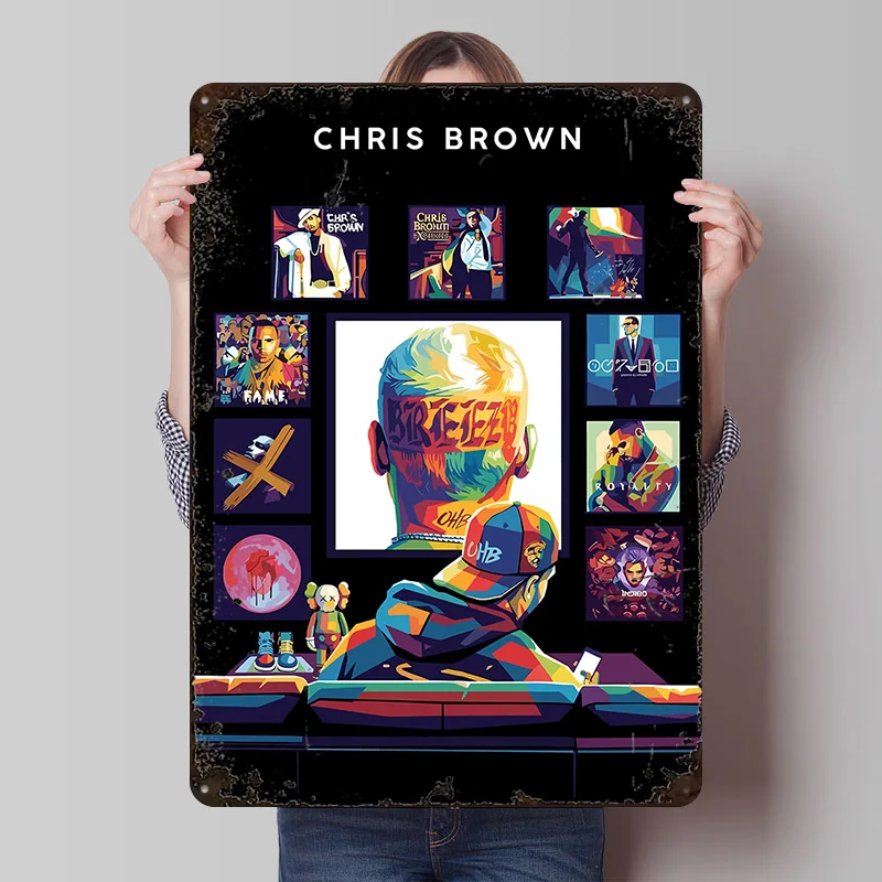 Chris Brown Pop Art Collage Tinplate Poster Customized Wall Art Retro Vintage Metal Signs for Fans Custom Plate Home Decor Items