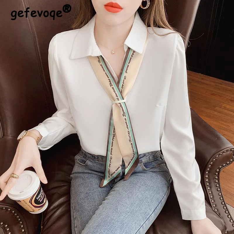 Elegant Chic Bow Tie Office Lady Business Casual Shirts Spring Autumn Fashion V Neck Long Sleeve Chiffon Top Blouse Women Blusas