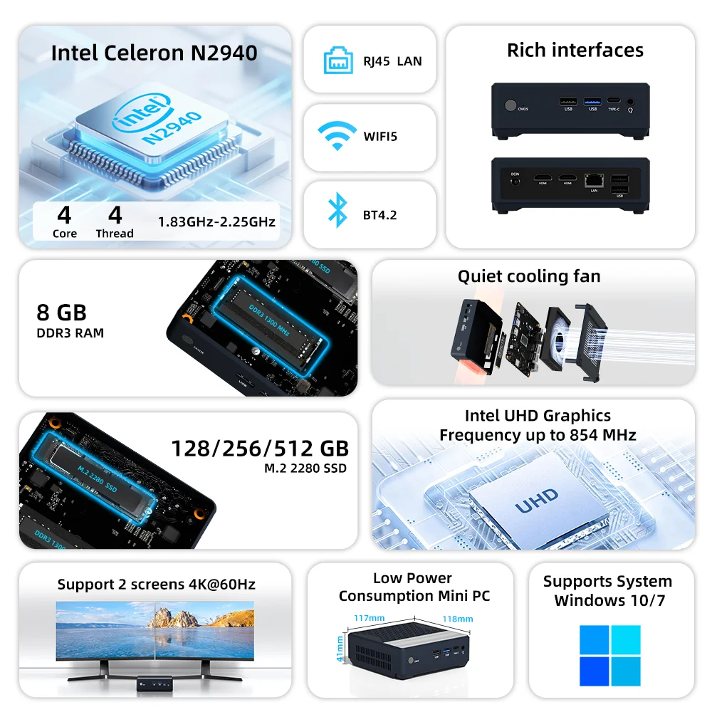 TexHoo Mini PC Computadora Intel N2940 Procesador Windows 10 HDMI 4K HD Dual Display WiFi/BT 8GB RAM up to 512GB SSD - Image 2