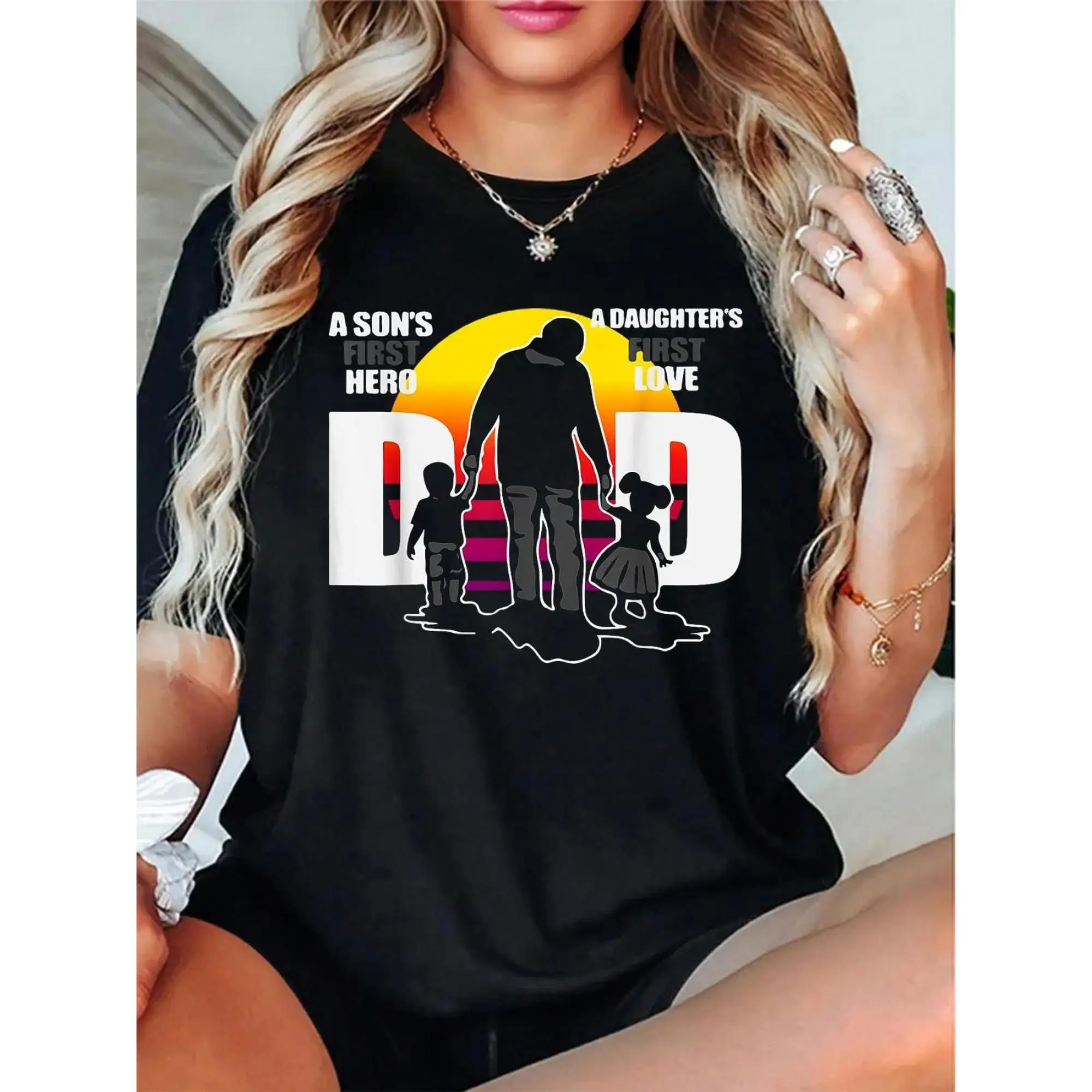 

Women'S 100% Graphic T-Shirt - "A Son'S First Hero, A Daughter'S First Love" Dad Design with Family Silhouettes, Father'S Day Gi