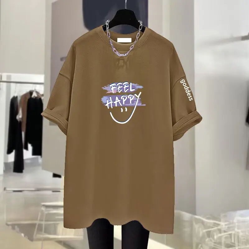 Women's Clothing Chic Letter Smiling Print T-shirt Summer Casual Loose Pure Cotton Short Sleeve Top Tee Lady Elegant Pullovers