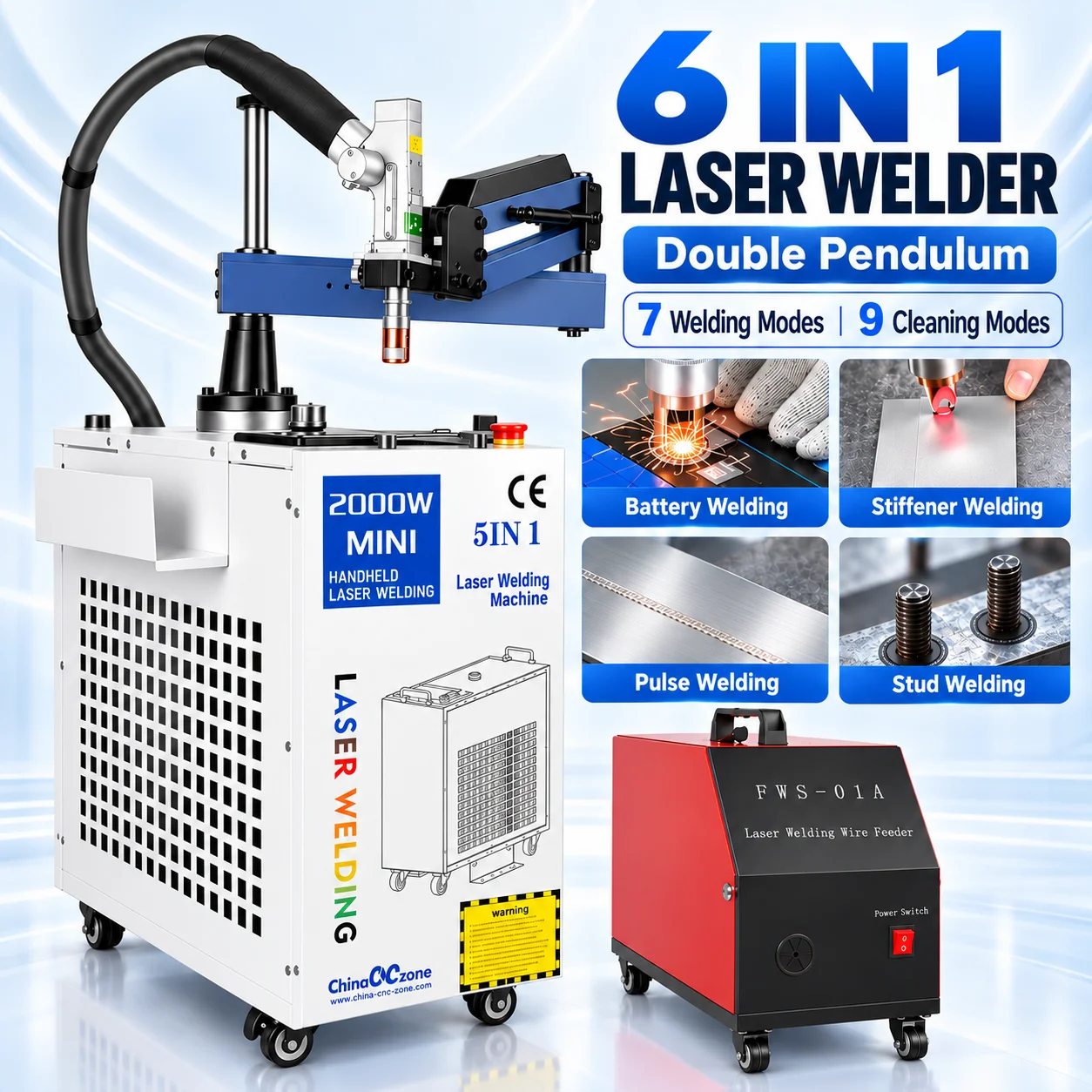 6 IN 1 Laser Welder 2000W Double Pendulum Laser Welding Cleaning Cutting Machine Auto Wire Feeder Stiffener & Battery & Stud Welding