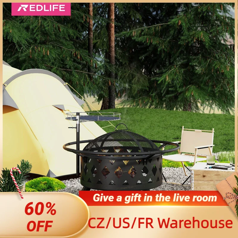 

Redlife-Wood Fire Pit for Outside, Large Camping Fire Pits, Cooking Grill, Fire Poker for BBQ Terraces, Picnics, 30 inch, 2 in 1