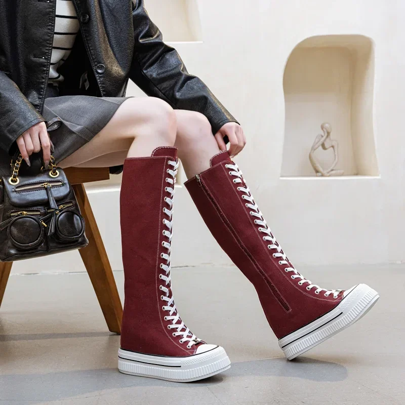 13 سنتيمتر الكعوب المرأة قماش الأحذية عادية عالية أعلى أحذية أحذية طويلة الدانتيل متابعة سستة مريحة الأحذية المسطحة أحذية رياضية بوتاس الفقرة Mujer #4