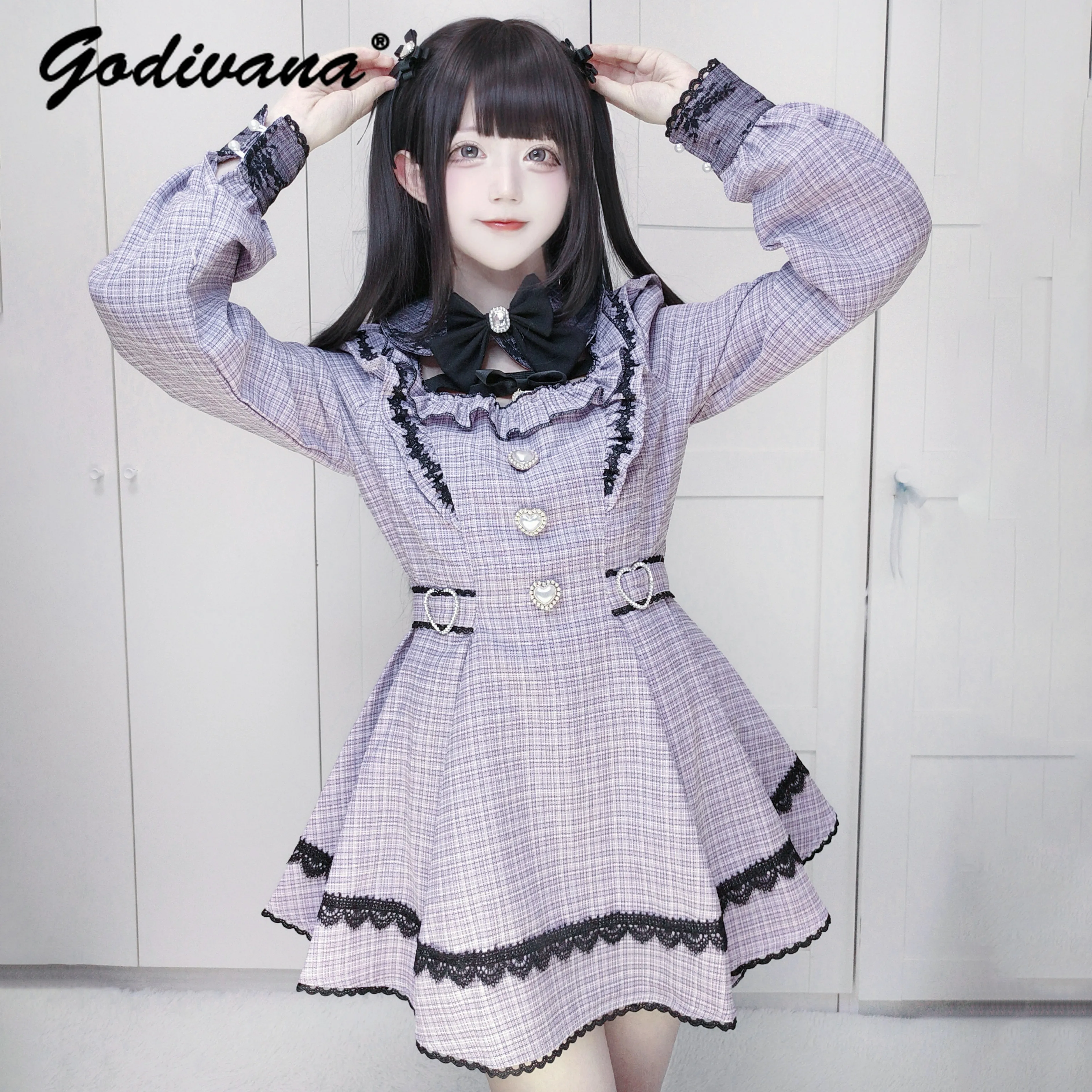 Japanese Style Mass-Produced Sweet Lace Bow Lolita Outfit Set New Spring Girl Womens Long Sleeve Slim Plaid Dress and Shorts Set