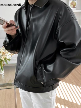 Mauroicardi Spring Autumn Cool Luxury Short Black Soft Light Pu Leather Jacket Men Zipper Casual Mens Jackets and Coats Fashion 4 Mauroicardi Spring Autumn Cool Luxury Short Black Soft Light Pu Leather Jacket Men Zipper Casual Mens Jackets and Coats Fashion 4