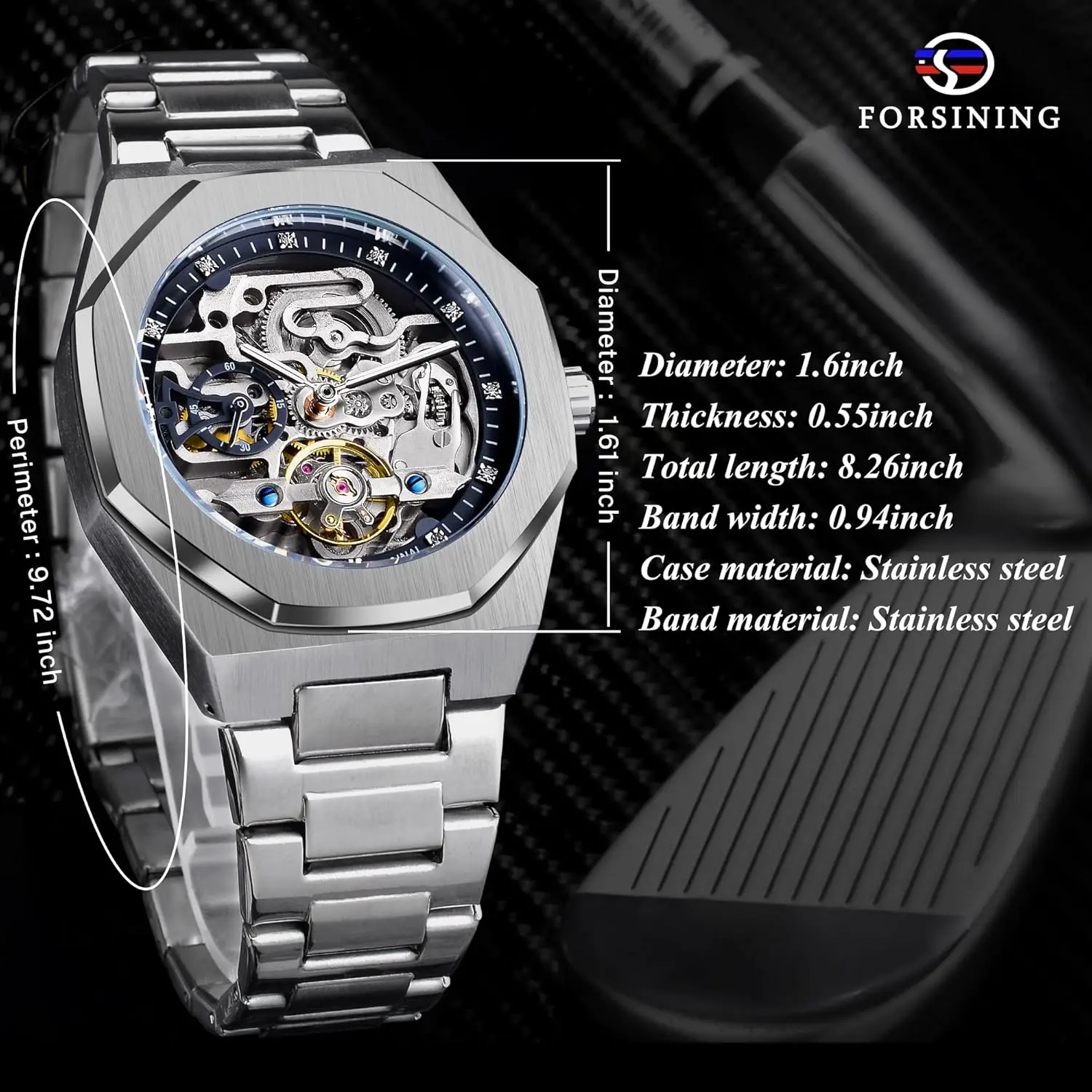 Vintage Automatic Mechanical Watch for Men with Luminous Moon Phase, Big Dial, Golden Hollow Design
