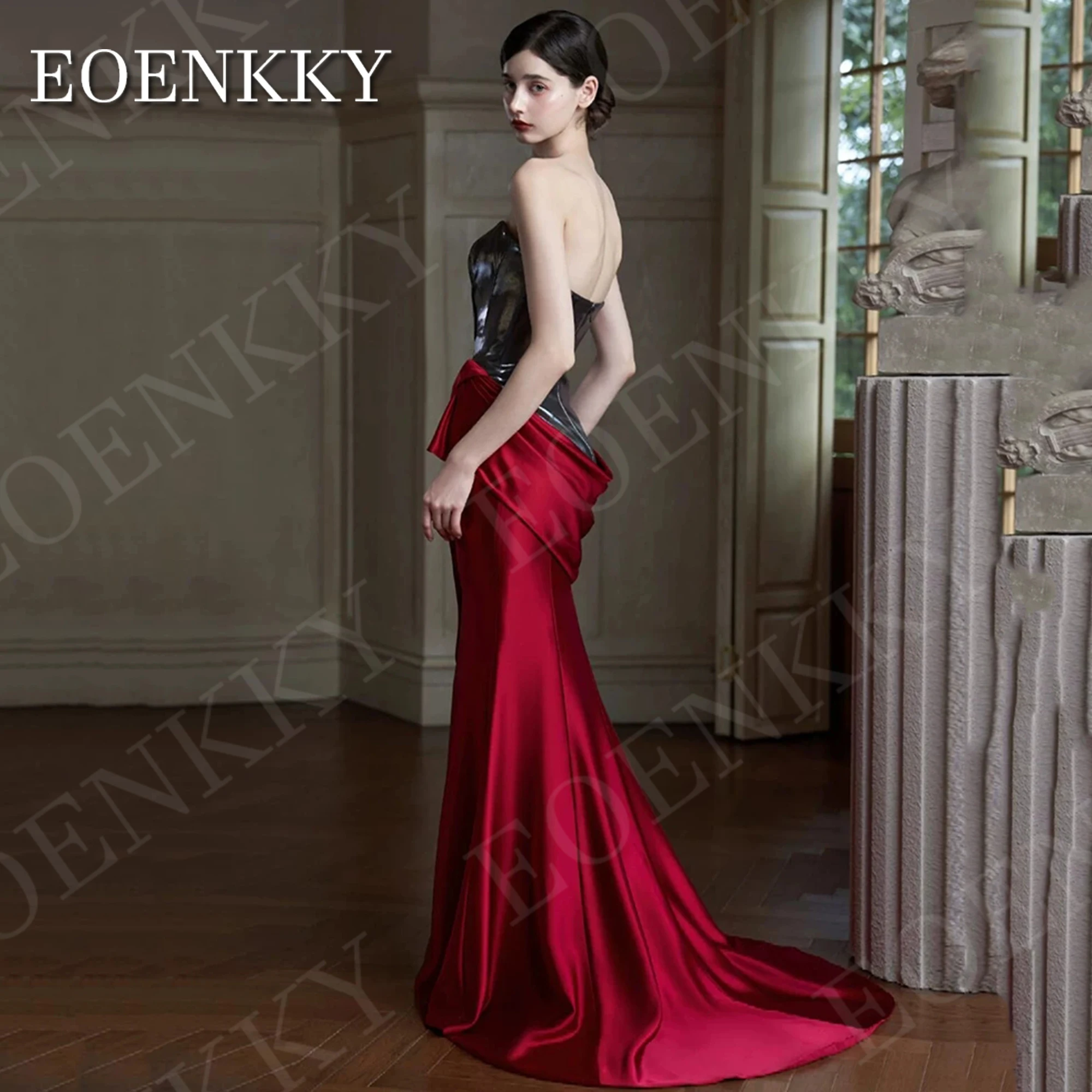 EOENKKY Simple Evening Dresses for Women Sweetheart Strapless Mermaid Formal Party Dress Sleeveless Satin vestidos de fiesta