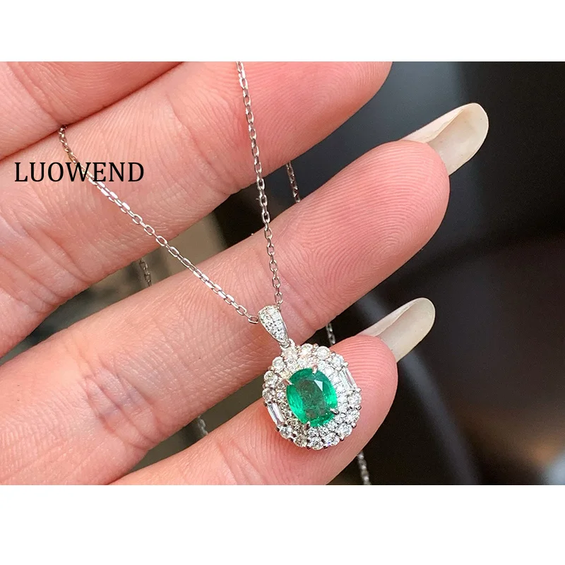 

LUOWEND 100% ожерелье из белого золота 18 карат с блестящими бриллиантами, роскошный классический дизайн, ожерелье с подвеской из натурального изумруда для женщин, ювелирные изделия