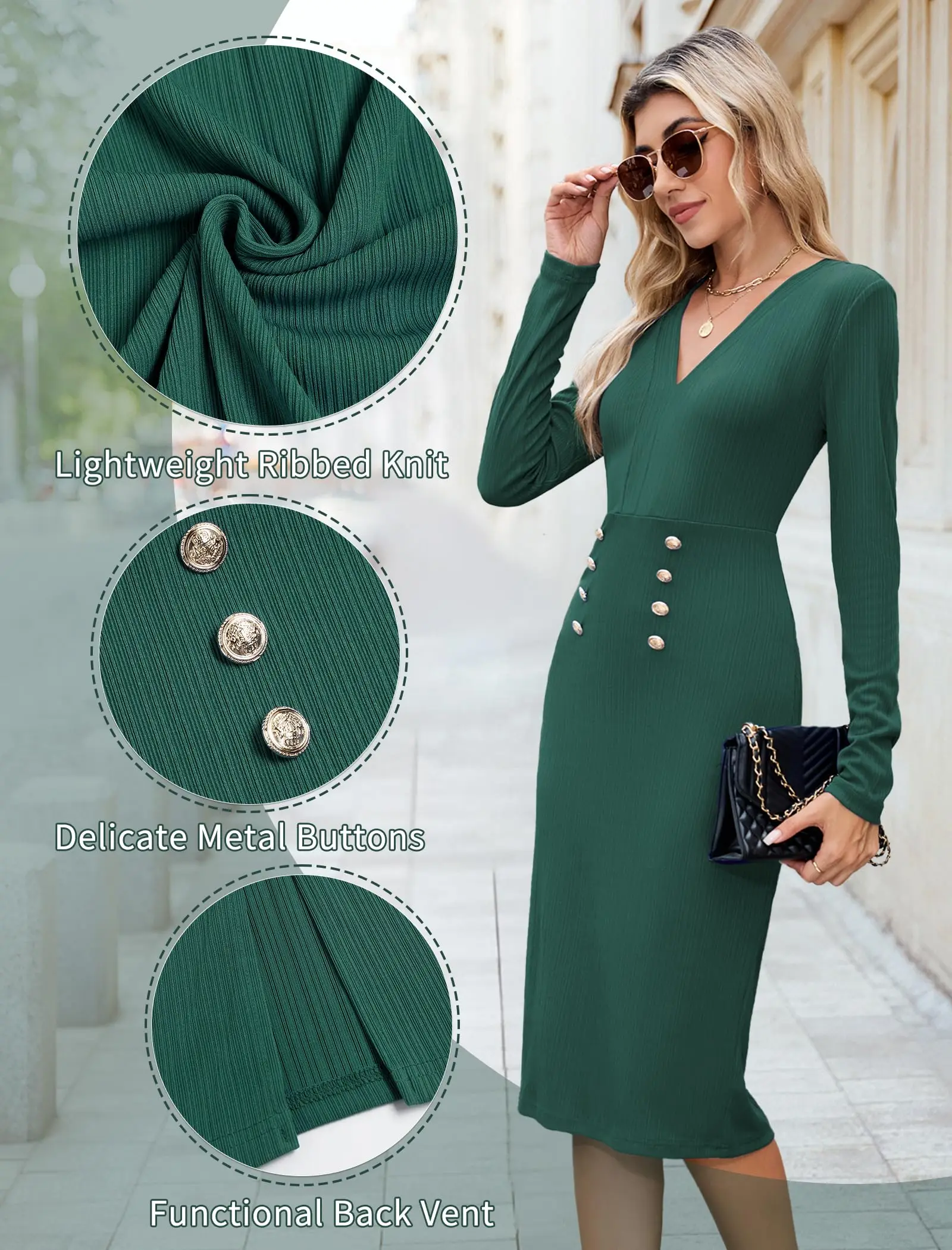 ZAFUL Abito longuette da donna a maniche lunghe da indossare al lavoro, leggero, con scollo a V, tubino da ufficio, aderente, tubino, abito da ufficio autunno