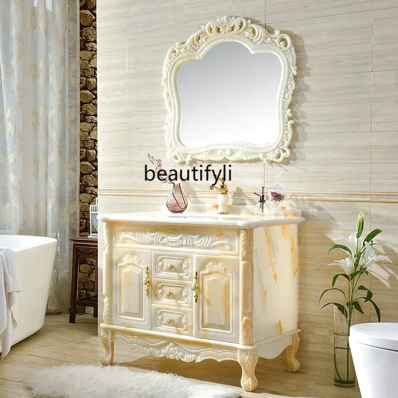 LXEuropean-Style Bathroom Cabinet Combination Light Luxury Jade Floor Wash Basin Washbasin BathroomSSS