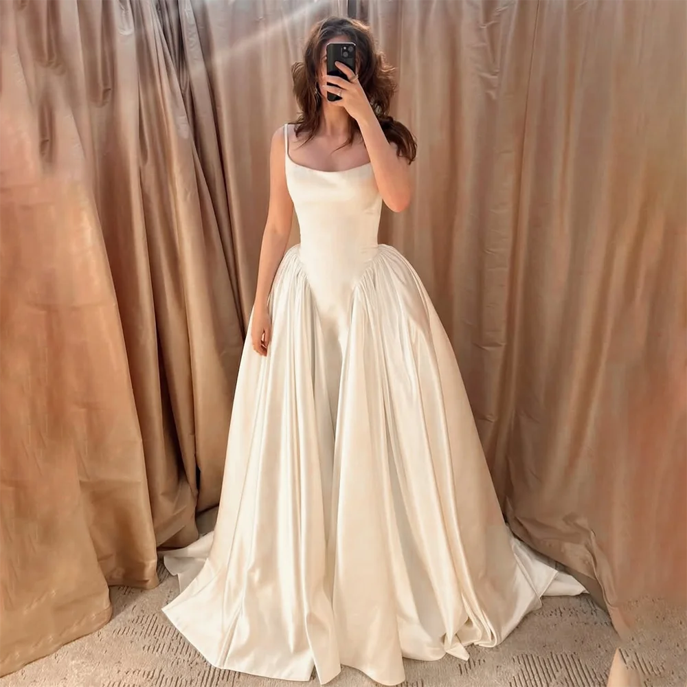 Elegant Satin Wedding Dress Spaghetti Strap Square Neck Ball Gown with Train Simple Bridal Gown for Women Customized