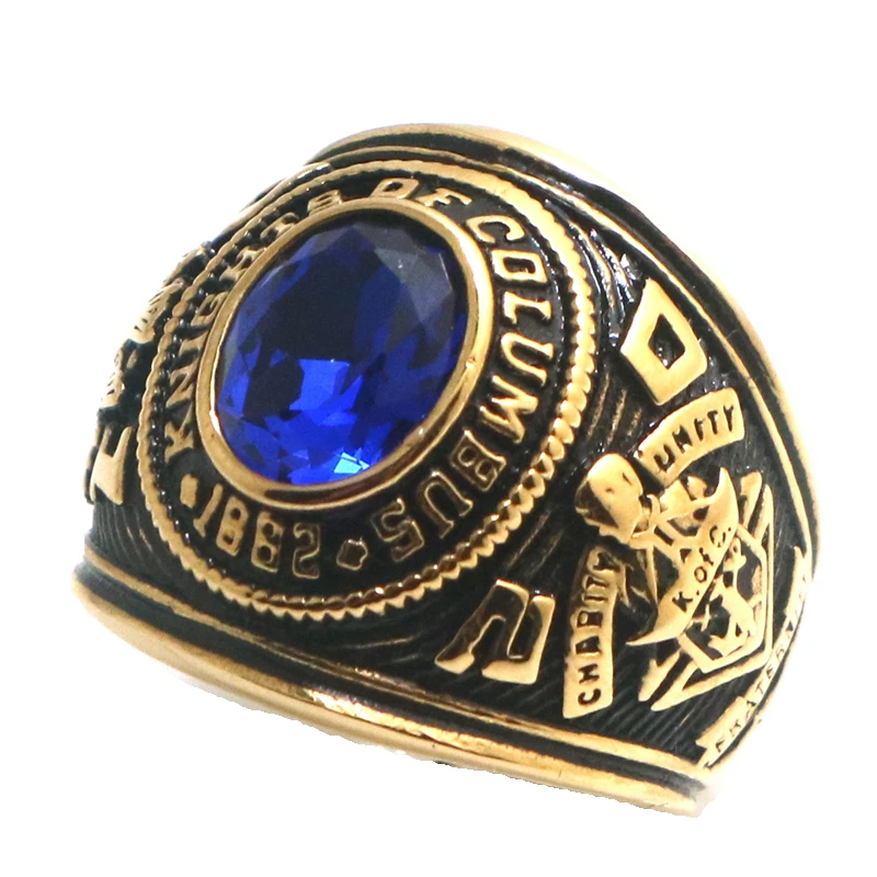 Unisex 316L Stainless Steel Rend Knights of Columbus Christianity Catholicism Blue Stone Gold-Color Ring Since 1882